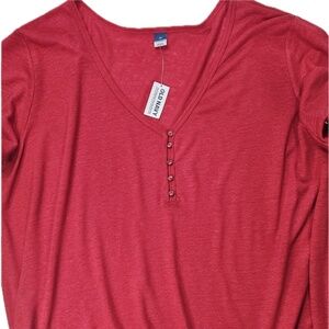 Old‎ Navy Shirt Womens 2X Red Short Sleeve V Neck Henley Linen Blend Lightweight